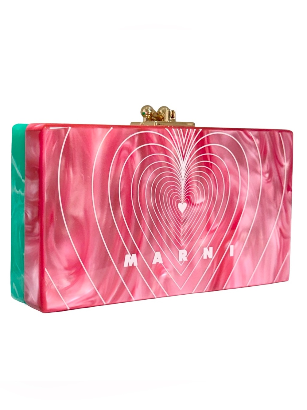 New Marni Pink Green Marbled Acrylic Heart Makeup Mirror Box Clutch